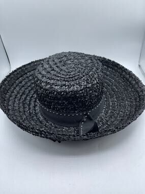 Vtg 50’s Women’s Hat Black Plastic Black Bow Hatband Medium Brim Union Made 16"